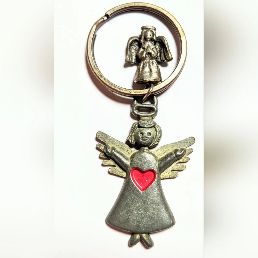 Vtg Pewter Angel Keychain with Red Heart + Ganz angel Nano figurine 1950s